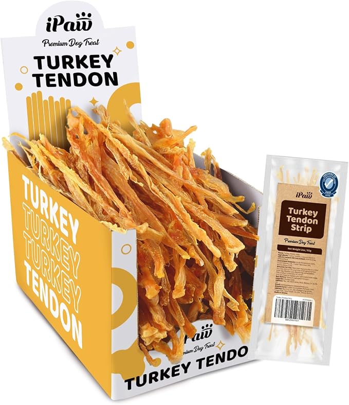 iPaw Turkey Tendon for Dogs 10 Packs/Box Bulk Pack, SQF Certified Human Grade Dog Treat, Single Protein, Hypoallergenic, Rawhide Alternative Dog Treats