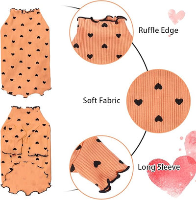 Pet Clothes for Small Dogs Cat Summer Fall Heart Print Shirt Stretchable Ruffle Long Sleeve Outfits for Chihuahua Schnauzer Shih Tzu Yorkie (Orange, Medium)