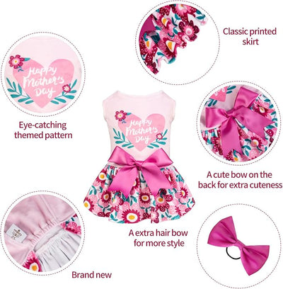 CuteBone Happy Mother's Day Dog Dress Velvet for Small Dogs Girl Floral Skirt Pink Puppy Dresses Dog Clothes