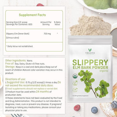 VELOTO Organic Slippery Elm Bark Powder, 1 Pound, Pure Slippery Elm Inner Bark Powder, Natural Vegan Herbal Supplement for Soothing Throat Digestive Health, Gluten-Free, No Contaminated, No GMOs, 454g