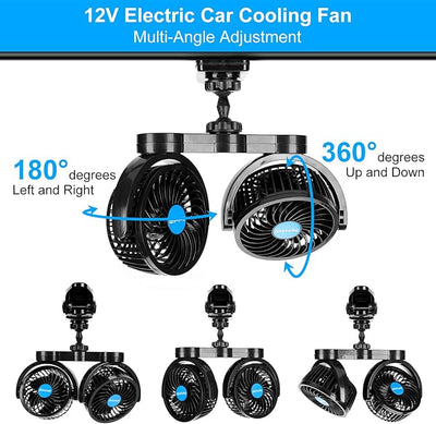 12V Car Clip Fans, Adjustable Dual Head Clip Fan 360° Rotatable Cooling Air Fan, 4'' Electric Auto Car Fans with Cigarette Lighter Plug for Vehicles, RV, SUV