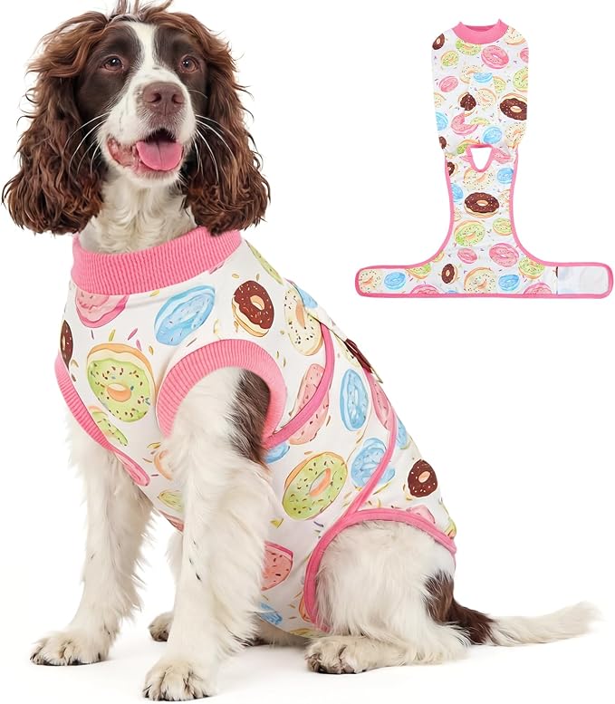 Kuoser Dog Surgery Recovery Suit, Soft Breathable Dog Recovery Suit for Female Spay Male Nueuter, Anti Licking Puppy Onesie Pet Surgical Suit for Dogs Abdominal Wounds Skin Disease, Donut M