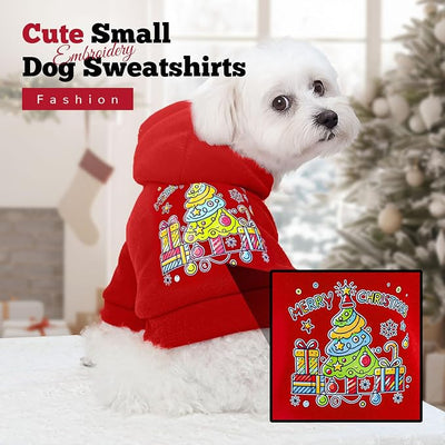 ABRRLO Small Dog Hoodie Clothes Red Christmas Dog Outfit Warm Fleece Dogs Sweater for Small Dogs Cat Boy Girl Cute Puppy Sweatshirt with Leash Hole Xmas Doggy Costume Chihuahua Yorkie(Xmas Tree,XS)
