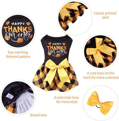 CuteBone Happy Thanksgiving Day Dog Fall Dress Costume Velvet for Small Dogs Girl Puppy Dresses Yellow Plaid Dog Clothes