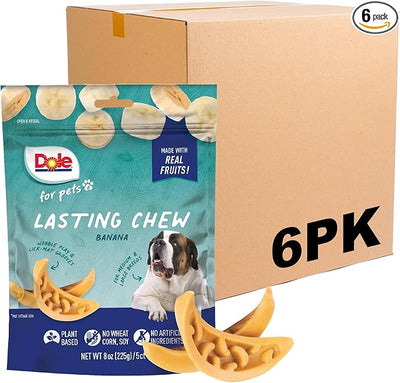 Dole for Pets Freshly Fetched Lasting Chew Banana Flavor Dog Treats, Medium and Large Breeds, No Wheat, Corn, Soy, Artificial Flavors, Colors, or Animal Products, 8 oz, 5 Chews - 6 Pack
