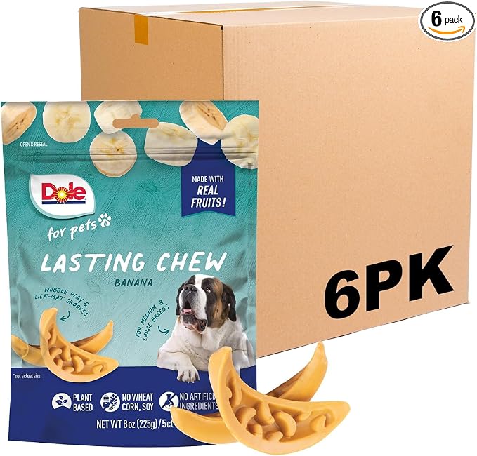 Dole for Pets Freshly Fetched Lasting Chew Banana Flavor Dog Treats, Medium and Large Breeds, No Wheat, Corn, Soy, Artificial Flavors, Colors, or Animal Products, 8 oz, 5 Chews - 6 Pack