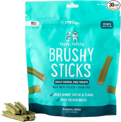 iHeartDogs Brushy Sticks - Dental Treats for Dogs Removes Plaque and Tartar Buildup - Grain-Free Dog Teeth Cleaning Chews Made with Chicken - 30 Mini Sticks