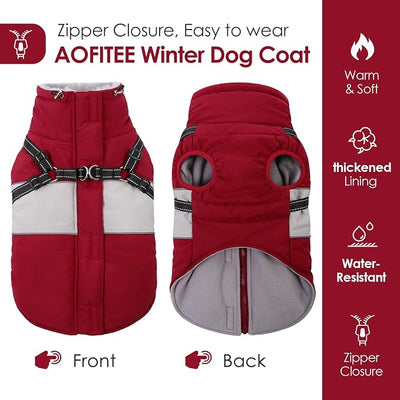 AOFITEE Dog Coat, Dog Christmas Sweater, Dogs Winter Coat with Harness Built in, Reflective Waterproof Pet Jacket with Furry Collar, Pet Snow Suit for Large Dogs, Doberman, Great Dane, XXXL