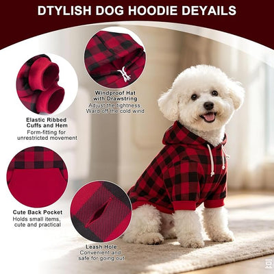 EXPAWLORER Plaid Dog Hoodie - British Style Warm Dog Sweater Shirt with Leash Hole,Pitbull Clothes Outfits,Winter Coat Apparel for All Breeds Puppy Girl Boy-Cat Apparel,Buffalo Check X-Small