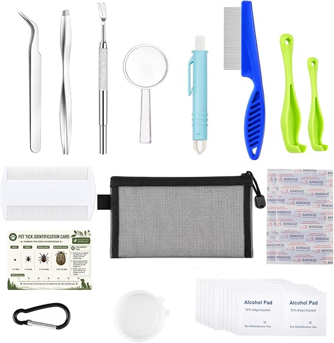 43Pcs Tick Removal Tool Set for Dogs, Cats and Pets, Stainless Steel Tick Tweezers, Tick Puller Hooks, Tick Card, Fine-Tooth Pet Comb, Magnifier and Mesh Storage Bag for Camping Hiking Outdoor Travel