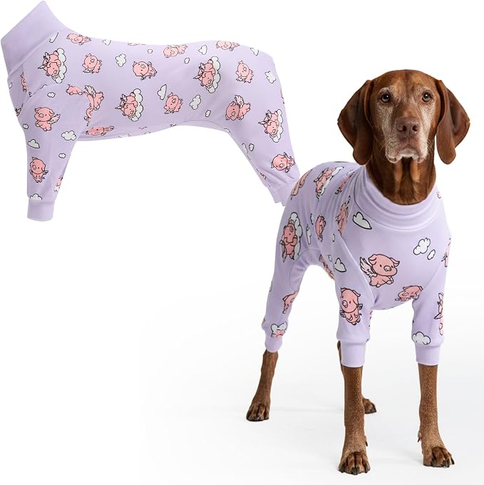 Spark Paws Dog Pajama, Dog Recovery Suit Male, Onesie, Ultra-Soft and 4-Way Stretch, for Small Medium and Large Breeds - When Pigs Fly - Purple - 2XL