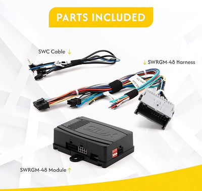 CRUX SWRGM-48 radio replacement interface retains Steering Wheel Control functionality and factory Chime features on select GM Class II vehicles with Bose Amplified & Non-Amplified Systems (2002-2013)
