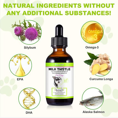 Milk Thistle for Dogs, Dog Liver Support Drops - Dog Milk Thistle Helps Dog Liver Detox, Pet Supplement Treats with Salmon Oil, Curcumin C3 Complex and Omega 3 EPA & DHA, Bacon Flavor - 2 fl.oz