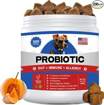 Probiotics for Dogs Gut Digestive Health Probiotic Chews for Dogs with 11 Billion CFUs, 4 Prebiotics, Pumpkin, Salmon Oil & Yogurt Base| Supports Gas, Yeast Balance & Immune, Dog Probiotics 200ct
