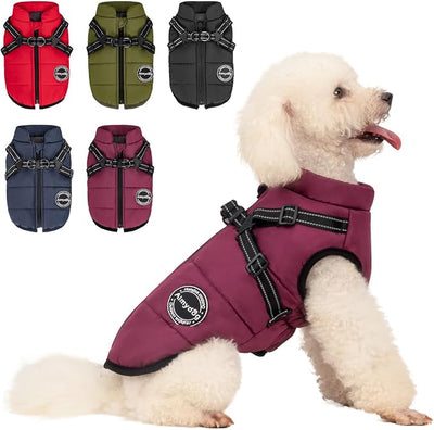 Dog Winter Coat, Warm Dog Jacket Reflective Adjustable Fleece Vest with Harness Built in, Windproof Pet Snow Jacket Snowsuit with Zipper for Small Medium Dogs, Purple XS