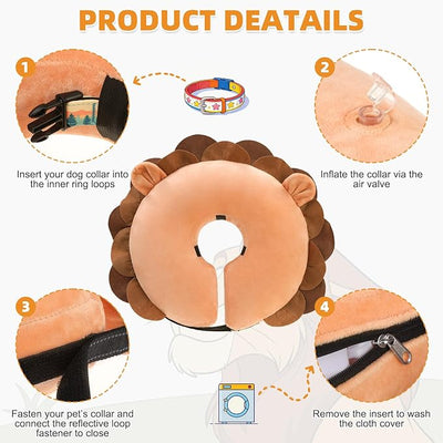KOOLTAIL Inflatable Dog Cone Collar, Soft Donut E Collar for Dogs After Surgery to Stop Licking Enhanced Alternative, Blow Up Pet Neck Pillow Recovery Adjustable Cone for Dog Cat, Upgrade Size,Lion XL
