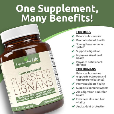 Lignans For Life Flaxseed Lignans for Dogs + SDG - Omega 3 Fatty Acids, High Fiber Antioxidants Helps Improve Shiny Coat, Digestive & Heart Health Lignans, 35mg, 90 Flaxseed Capsules, 2 Pack