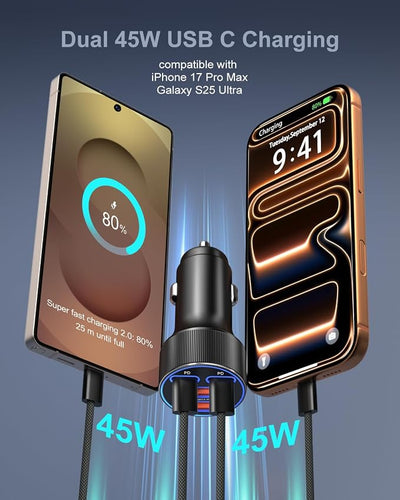 Super Fast Type C Car Charger, Besgoods Dual 45W USB C 4-Port Cigarette Lighter Adapter Compatible with Galaxy S26 S25 Ultra FE S24 S22 iPhone 17 16 15 Pro Max, with 6ft Braided USB C to C Cable