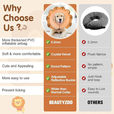 BEAUTYZOO Dog Cone Alternative After Surgery for Large Medium Small Dogs, Soft Inflatable Cone Collar for Dogs Cats, Dog Neck Donut E Collar Dog Recovery Collar to Stop Licking, Lion, L