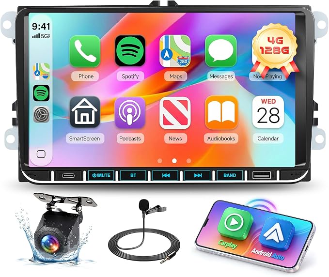 Hodozzy Car Stereo 4G+128G for VW Golf 5 6 Polo Passat Tiguan T5 Transporter Seat Leon, 9 Inch Touch Screen Radio GPS with Wireless Carplay Android Auto, Bluetooth DSP WiFi FM RDS,Camera