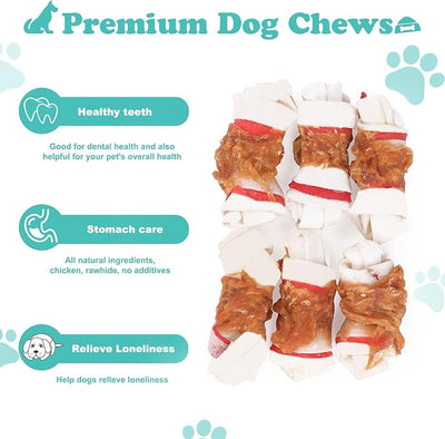 Chicken Wrapped Rawhide Bones, 2.5 Inch Mini Knots Dog Treats, High Protein 65% Puppy Chews and Satisfying Rewards for All Breeds, 8 Ounces
