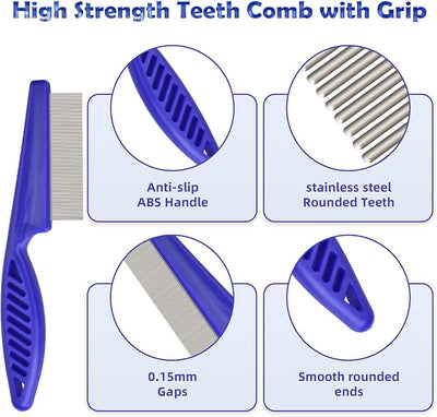 Flea Comb for Cats Dogs, 6 Pack Pet Lice Comb Set Pet Grooming Pets for Small, Medium & Large Pets (Blue)