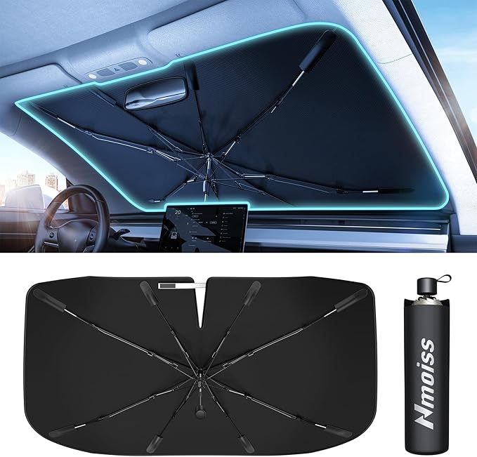 Nmoiss Windshield Sun Shade Umbrella [Vinyl Coating Heat Shield] Keep Cool | Protect Car from Sun Rays & Heat Damage and Protect Interior, Spring Structure Edge Small (53" L x 29" W)