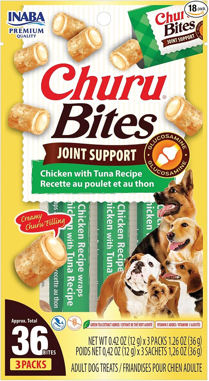 INABA Churu Bites Joint Support for Dog, Functional Lickable Dog Treat with Taurine & Green Tea Extract, 1.26oz Each, 18 Tubes Total, Chicken with Tuna Recipe