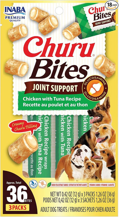 INABA Churu Bites Joint Support for Dog, Functional Lickable Dog Treat with Taurine & Green Tea Extract, 1.26oz Each, 18 Tubes Total, Chicken with Tuna Recipe
