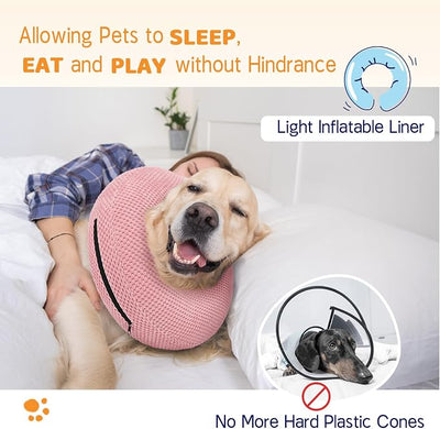 Supet Inflatable Dog Cone Collar for Dogs to Stop Licking, Dog Donut Collar After Surgery, Soft Pet Cone for Small Medium Large Dogs Pink 02 L