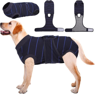 Kuoser Dog Surgery Recovery Suit, Soft Breathable Dog Recovery Suit for Female Spay Male Nueuter, Anti Licking Puppy Onesie Pet Surgical Suit for Dogs Abdominal Wounds Skin Disease, Blue Strips 2XL