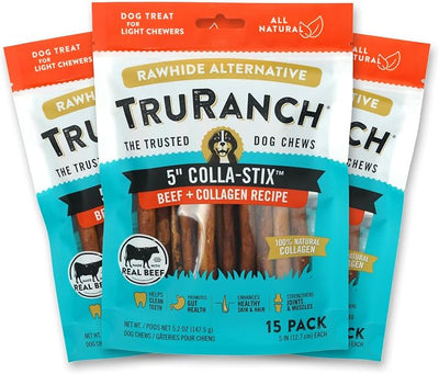 TRURANCH Collagen Sticks - 5" Collagen Sticks for Dogs - Long Lasting Healthy Joint Support - Rawhide Alternative - Skin & Coat Health - Made with Real Beef, Value Pack, 3 Bags, 45 Count