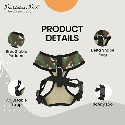 Parisian Pet Camo Dog Harness - Breathable Mesh No Pull Puppy Harness with Leash Ring - Adjustable Harnesses for Dogs - Soft Padded Step-in Pet Vest - Lightweight Dog Vests for Small Sized Dogs