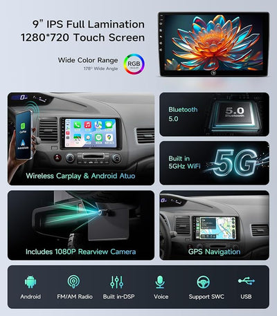 Car Radio Stereo for Honda Civic 2006-2011, Wireless CarPlay Android Auto | 9" IPS HD touchscreen, 64G storage, 5G WiFi GPS navigation, phone link, Bluetooth FM AM SWC, 1080P backup camera