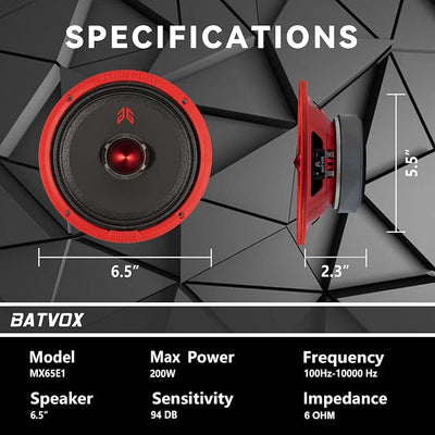 MX65E1 Loudspeaker 6.5 Inch Midrange 400 Watts 6 Ohms Red Bullet, Premium Quality Audio Door Speakers for Car or Truck Stereo Sound System, Red (2 Speakers)