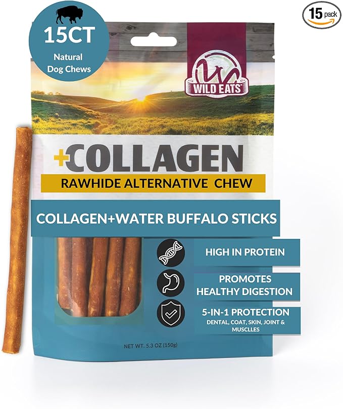 Wild Eats Water Buffalo Collagen Sticks for Dogs (15 Pack, 1 cm Wide) Long Lasting Dog Chews, No Hide Dog Treat Bully Stick Alternative, Rawhide Free, Grain Free, High Protein