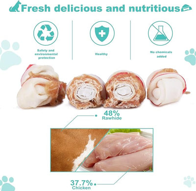 Chicken Wrapped Rawhide Bones, 2.5 Inch Mini Knots Dog Treats, High Protein 65% Puppy Chews and Satisfying Rewards for All Breeds, 16 Ounces