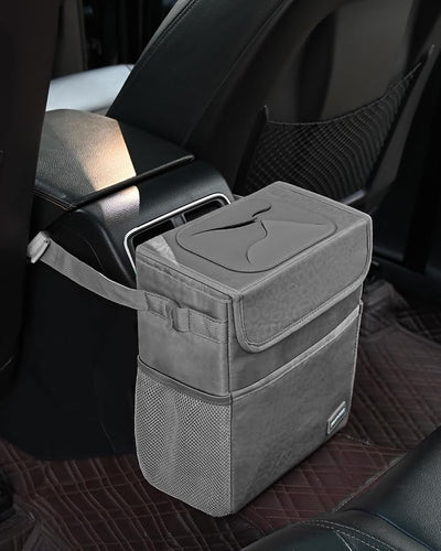 SIBOFUEGO Car Trash Can Cute - Car Accessory for Garbage and Storage, Adjustable and Collapsible Car Garbage Can, Waterproof and 100% Leak-Proof Car Trash Bin with Lid, 2 Gallons (Leopard-Print Gray)