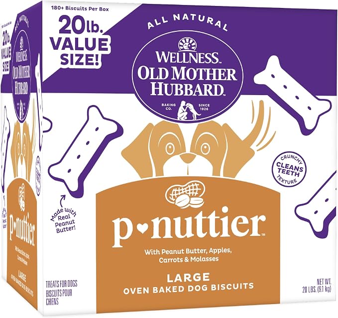 Wellness Old Mother Hubbard Classic P-Nuttier Dog Biscuits, Natural Training Treats, Peanut Butter Flavor, Large Size, 20 lb Box