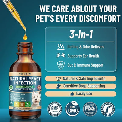 VICSOM Natural Dog Yeast Infection Treatment for Dogs, 2 Pack Itchy Skin & Ear Treatment Natural Support Allergy Relief, Dog Yeast Infection Relief, Irritation, Itching & Inflammation, 60ml x2