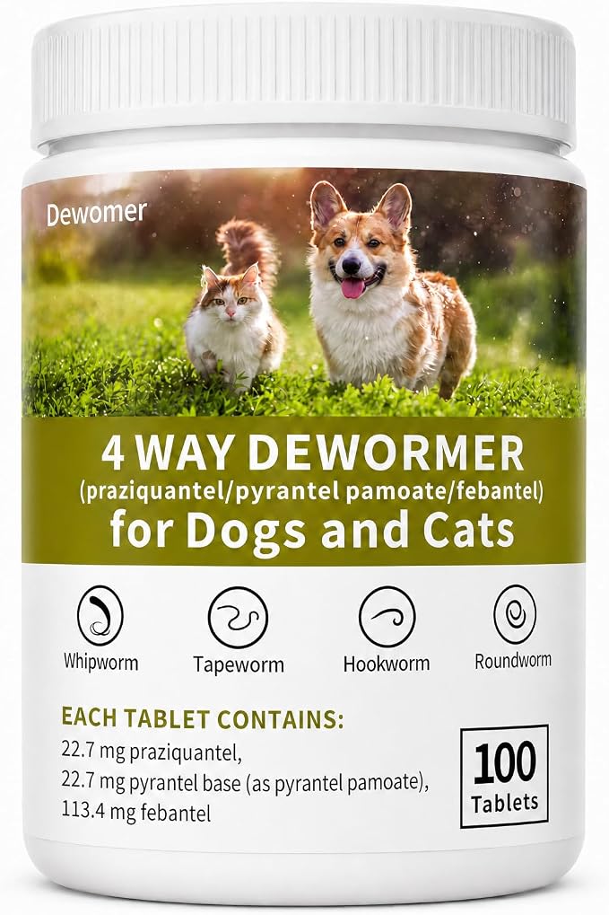 Dewormer for Dogs and Cats,4 Way Broad Spectrum Wormer with Praziquantel, Pyrantel Pamoate & Febantel, Safe for 4 Weeks and Older,100 Tablets