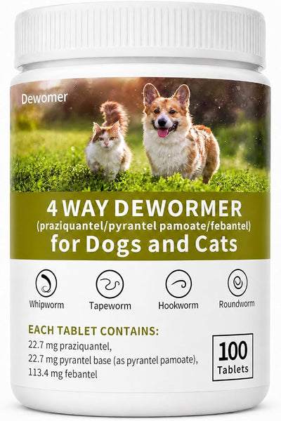 Dewormer for Dogs and Cats,4 Way Broad Spectrum Wormer with Praziquantel, Pyrantel Pamoate & Febantel, Safe for 4 Weeks and Older,100 Tablets
