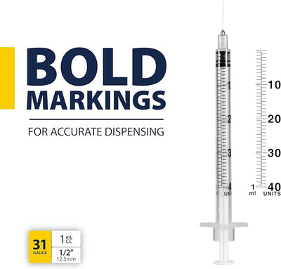 Easy Touch Pet U-40 Insulin Syringes for Dogs & Cats – 31G 1.0cc 1/2", Half-Unit Markings, Compatible with U-40 Insulin, Box of 100 (For Animal Use Only)