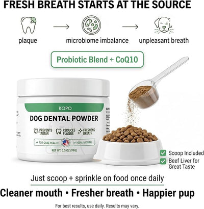 KOPO Dog Dental Powder | Dog Oral Care Supplement | Supports Fresh Breath & Gum Health | Helps Reduce Plaque & Tartar Buildup | Beef Liver Flavor | All Breeds & Sizes