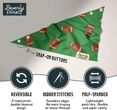 Snap-On Dog Bandana for Small Medium Large Pets, Dogs Cats Adjustable Handkerchief Scarf for Girl & Boy, Funny Cute Puppy Apparel & Accessories (Green Rugby Balls, Medium)