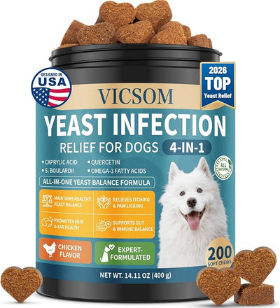 VICSOM Yeast Infection Treatment for Dogs, 200 Soft Chews Natural Anti Yeast Support Itchy Skin Paw Licking Ear Odor Allergy Relief for Dogs, Caprylic Acid + Probiotics, Chicken Flavor All Breeds