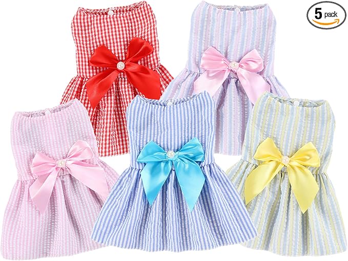 TAPBULL Dog Dresses, Fashionable Pet Dog Clothes, Cute Cat Birthday Dress Outfit (Blue/Red/Pink/Pink-Blue/Yellow-Blue 5-Pack), Medium