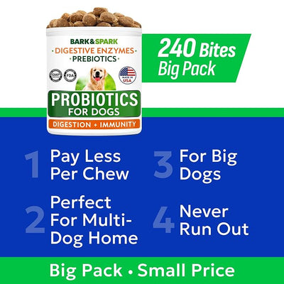 BARK&SPARK Dog Probiotics & Digestive Enzymes (Gut Health) Allergy & Itchy Skin - Pet Diarrhea Gas Treatment Upset Stomach Relief, Digestion Health Prebiotic Supplement Large Dog Treats (240Ct Bacon)