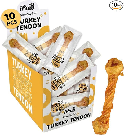 iPaw Turkey Tendons for Dogs 10 Pcs Bulk Pack, 100% Turkey and US Sourced Raw Material, Hypoallergenic, All Natural Human Grade Puppy Chew, Rawhide Alternative Dog Treats, Bone (Large)