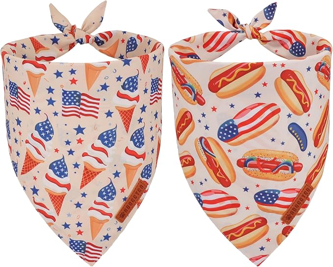 ADOGGYGO American Flag Dog Bandana, Ice Cream Hamburg Flag Pet Scarf, Premium Durable Fabric, Patriotic 4th of July Bandanas for Small Dogs Pets (Small)